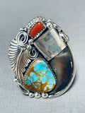 Huge Mens Native American Navajo Turquoisebear Sterling Silver Coral Ring-Nativo Arts