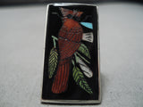 Native American Important Harlan Coonsis Cardinal Motif Coral Sterling Silver Turquoise Ring-Nativo Arts