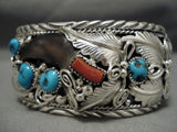 Huge Native American Navajo Silver Garden Turquoise Coral Sterling Bracelet Cuff-Nativo Arts