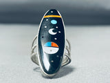 Amazing Native American Navajo Signed Cosmic Inlay Jet Turquoise Sterling Silver Large Ring-Nativo Arts