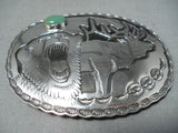 Detailed Huge Vintage Native American Navajo Green Turquoise Sterling Silver Buckle-Nativo Arts