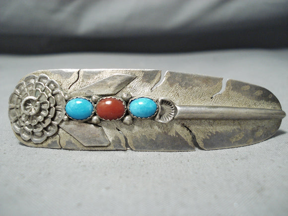 Marvelous Vintage Native American Navajo Turquoise Sterling Silver Hair Barrette Old-Nativo Arts