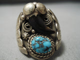 Huge Vintage Native American Zuni Men's Blue Warrior Turquoise Sterling Silver Ring Old-Nativo Arts