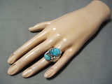 Rich Long Vintage Native American Navajo Kingman Turquoise Sterling Silver Ring Old-Nativo Arts
