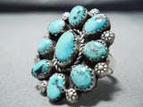 Marvelous Vintage Native American Navajo Old Kingman Turquoise Cluster Sterling Silver Ring-Nativo Arts
