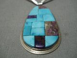 Stunning Vintage Native American Navajo Turquoise Spiny Oyster Inlay Sterling Silver Necklace-Nativo Arts