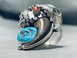 Huge Native American Navajo Turquoise Coral Bear Sterling Silver Ring-Nativo Arts