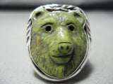 Native American Important Intricate Hand Carved Bear Jade Sterling Silver Ring-Nativo Arts
