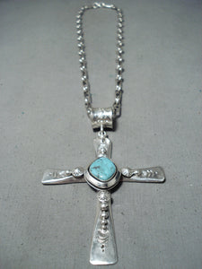 Grand Native American Navajo Blue Diamond Turquoise Sterling Silver Cross Necklace-Nativo Arts