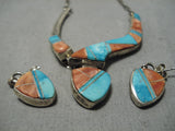 Incredible Vintage Native American Navajo Sleeping Bee Turquoise Sterling Silver Inlay Necklace-Nativo Arts