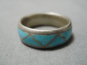 Impressive Vintage Native American Navajo Inlay Blue Turquoise Sterling Silver Ring Old-Nativo Arts