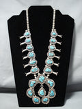 Signed Vintage Native American Navajo Turquoise Sterling Silver Squash Blossom Necklace-Nativo Arts