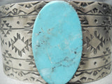 Native American Huge Oval Turquoise Wide Hand Stamped Sterling Silver Geometric Bracelet Cuff-Nativo Arts