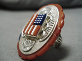 Important Native American Navajo Red White Blue Lapis Coral Sterling Silver Ring-Nativo Arts