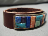 Unique!! Vintage Native American Navajo Turquoise Sterling Silver Inlay Leather Bracelet-Nativo Arts