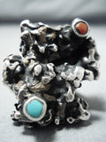 Dazzling Navajo Native American Turquoise Coral Sterling Silver Ring-Nativo Arts
