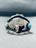 Remarkable Native American Navajo 2 Sleeping Beauty Turquoise Sterling Silver Buffalo Ring-Nativo Arts