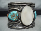 Massive Vintage Native American Navajo Mother Of Pearl Turquoise Coral Sterling Silver Bracelet-Nativo Arts