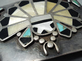 Heavy Detailed Vintage Native American Zuni Turquoise Sterling Silver Inlay Buckle Old-Nativo Arts