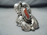 Signed Vintage Navajo Native American Coral Sterling Silver Ring Old-Nativo Arts