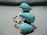 Huge Signed Navajo Native American 3 Blue Gem Turquoise Sterling Silver Ring-Nativo Arts