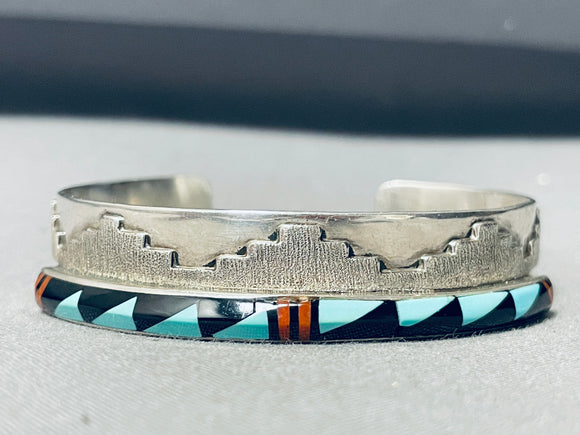 Pueblo Geomtric Vintage Native American Navajo Turquoise Inlay Sterling Silver Bracelet-Nativo Arts