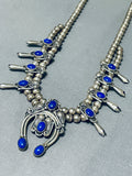 Astonishing Vintage Native American Navajo Lapis Sterling Silver Squash Blossom Necklace Signed-Nativo Arts
