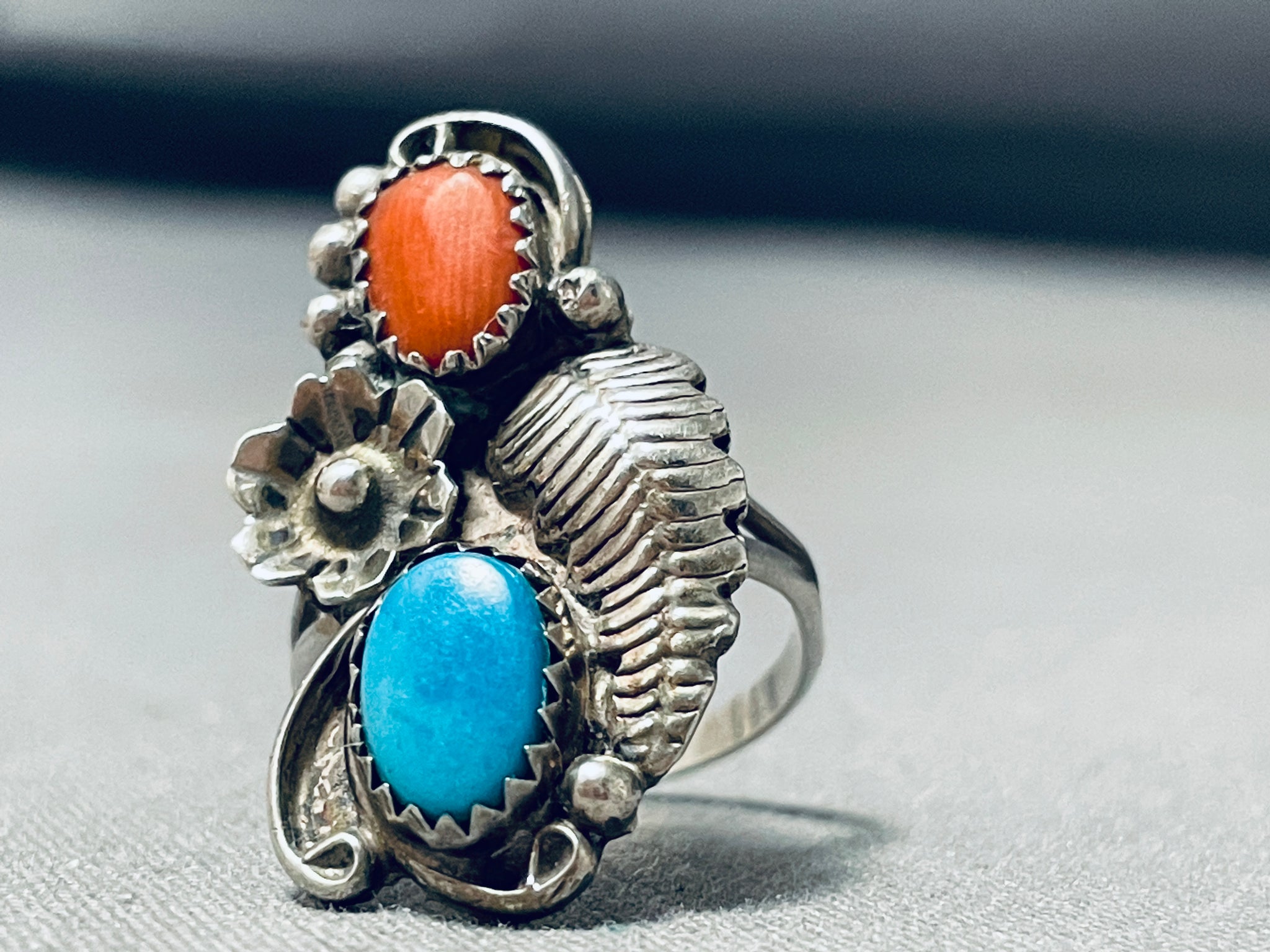 Item #960M- Large Vintage Navajo Turquoise and Coral Sterling