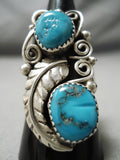 Intricate Vintage Native American Navajo Turquoise Sterling Silver Leaf Ring Old-Nativo Arts