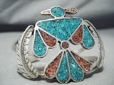 Early Vintage Native American Navajo Turquoise Coral Sterling Silver Leaf Bracelet Old-Nativo Arts