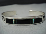Detailed!! Vintage Native American Jewelry Navajo Onyx Opal Sterling Silver Cuff Bracelet-Nativo Arts
