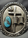 Detailed!! Vintage Native American Navajo Christian Cross Turquoise Sterling Silver Bracelet Old-Nativo Arts