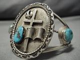 Detailed!! Vintage Native American Navajo Christian Cross Turquoise Sterling Silver Bracelet Old-Nativo Arts