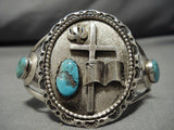Detailed!! Vintage Native American Navajo Christian Cross Turquoise Sterling Silver Bracelet Old-Nativo Arts