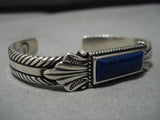 Detailed!! Vintage Native American Navajo Squared Lapis Sterling Silver Bracelet Old-Nativo Arts