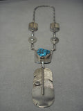 Detailed!! Vintage Native American Navajo Turquoise Sterling Silver Feather Necklace Old-Nativo Arts