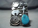 Fascinating Native American Navajo Kingman Turquoise Sterling Silver Bear Ring-Nativo Arts