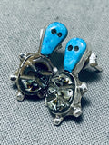 Native American Intricate Turtle Vintage Navajo Turquoise Sterling Silver Earrings-Nativo Arts