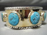Rare Navajo 14k Gold Native American Sterling Silver Thick Turquoise Bracelet-Nativo Arts