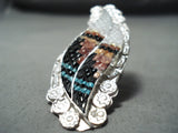 Exquisite Native American Zuni Textured Inlay Turquoise Coral Jet Sterling Silver Ring-Nativo Arts