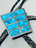Native American 50 + Year Old Seasoned Vintage Zuni Turquoise Inlay Sterling Silver Bolo Tie-Nativo Arts