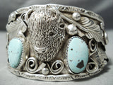 Important Vintage Native American Navajo Buffalo Turquoise Sterling Silver Leaf Bracelet-Nativo Arts