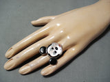 Native American Exceptional Zuni Inlay Coral Jet Mother Of Pearl Sterling Silver Mickey Ring-Nativo Arts