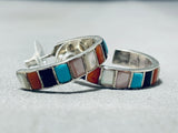 Amazing Vintage Native American Zuni Inlay Blue Gem Turquoise Coral Sterling Silver Earrings-Nativo Arts