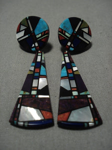 Native American Important Santo Domingo Chris Nieto Turquoise Coral Sterling Silver Earrings-Nativo Arts
