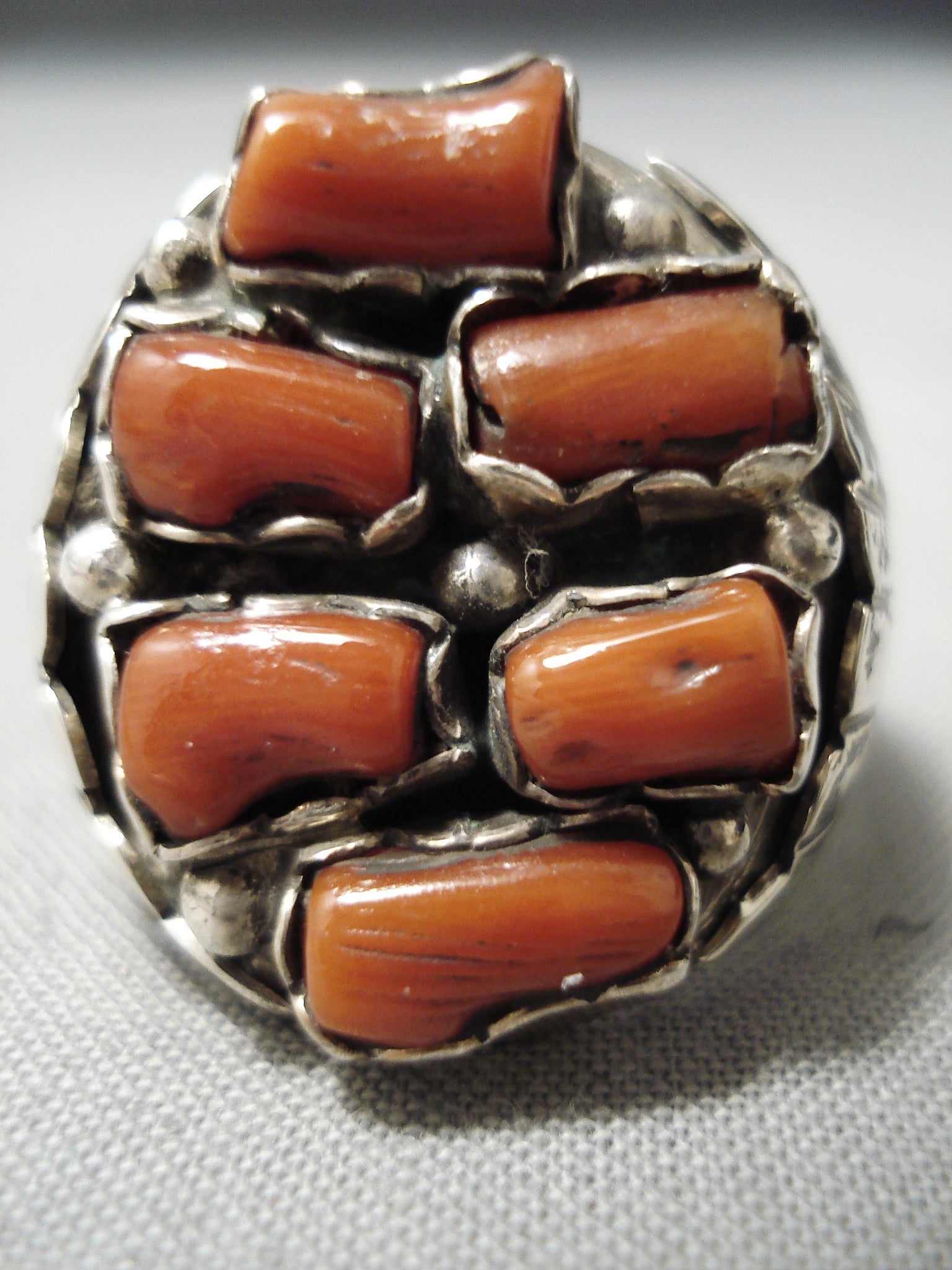Amazing Vintage Navajo Chunky Coral Sterling Silver Native American Ri ...