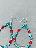 Native American Superb Santo Domingo Turquoise Corals Sterling Silver Hoop Earrings-Nativo Arts