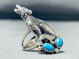 Unique Native American Navajo 2 Kingman Turquoise Sterling Silver Howling Coyote Huge Ring-Nativo Arts