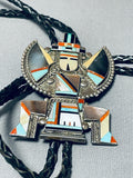 Rare Larger Vintage Native American Zuni Turquoise Sterling Silver Inlay Bolo Tie Old-Nativo Arts
