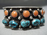 Museum Vintage Native American Navajo Spiderweb Turquoise Coral Sterling Silver Bracelet Old-Nativo Arts
